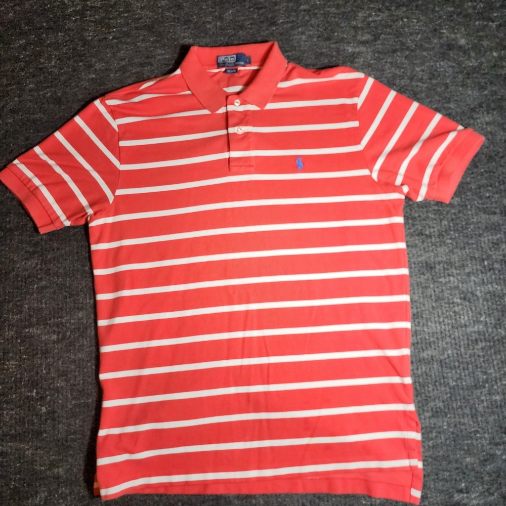 Polo Ralph Lauren Mens Large Orange White Striped Short Sleeve Pique Polo Shirt